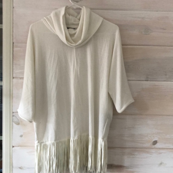 Terre Bleue Cowl Neck Poncho Style Soft Sweater With Fringe‎ and Sleeves - Picture 1 of 9